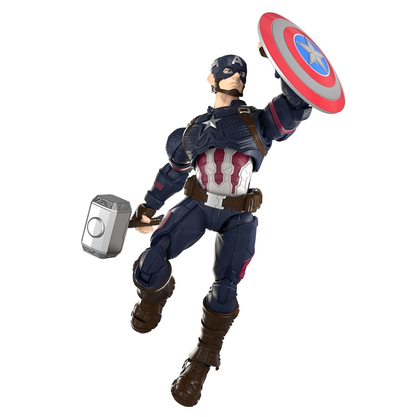 Captain America action figure holding Mjolnir (Thor's hammer) and his shield, posed dramatically