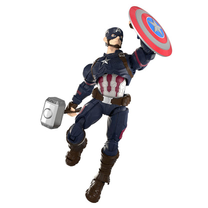 Captain America action figure holding Mjolnir (Thor's hammer) and his shield, posed dramatically