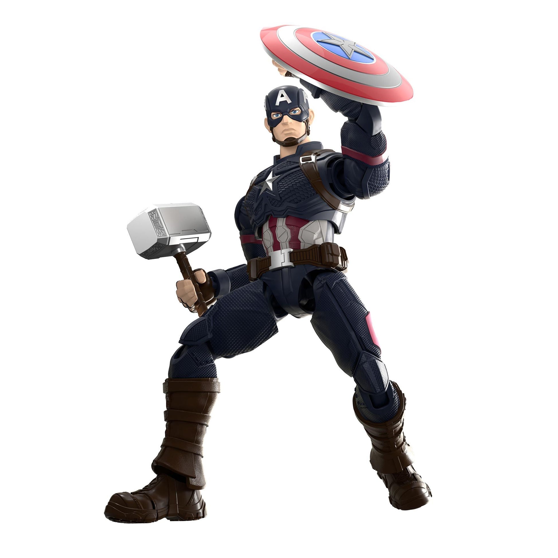 Captain America action figure wielding Thor's hammer Mjolnir and his classic shield in a battle pose