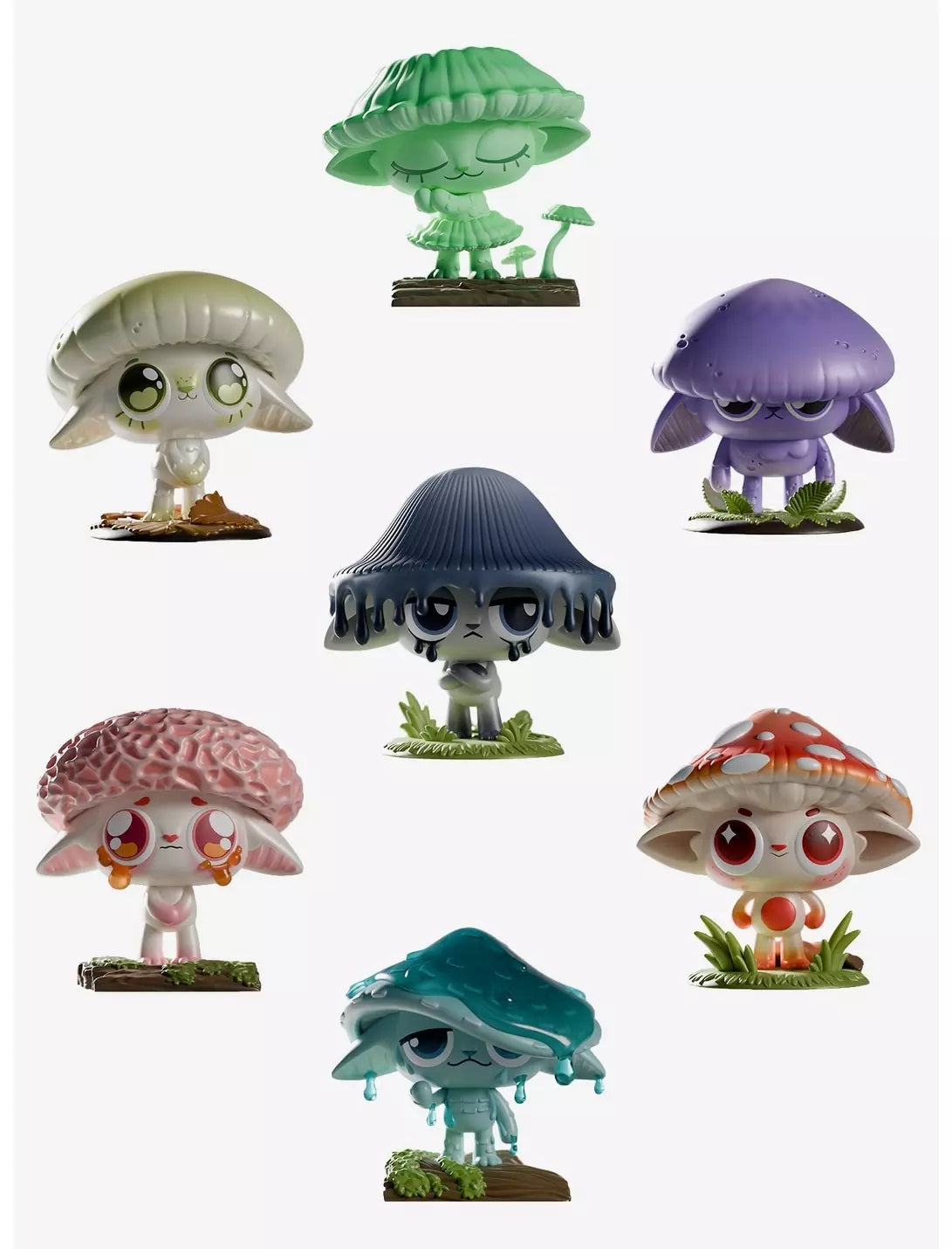 Seven colorful collectible vinyl figures shaped like cute, stylized mushroom characters