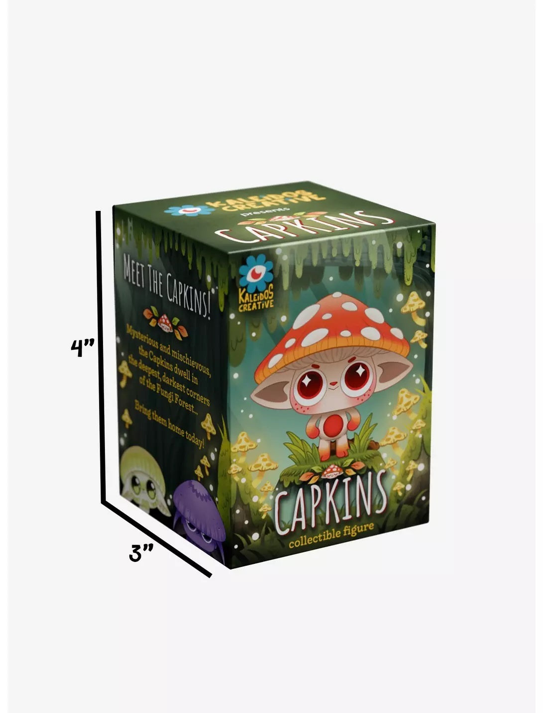 Capkins collectible figure box with mushroom character art. Dimensions shown: 4" high, 3" deep