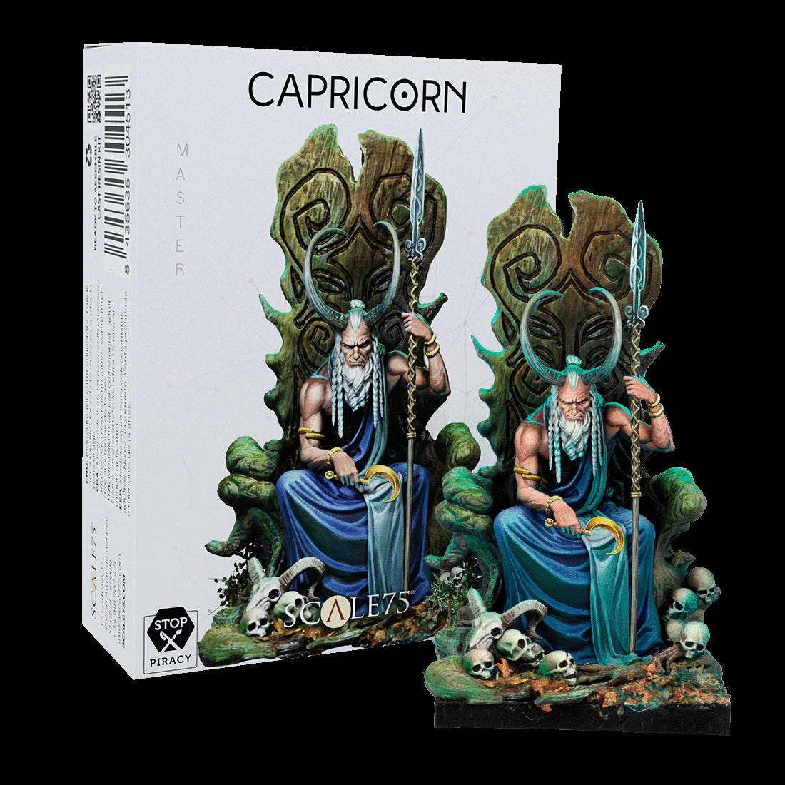 Scale75 Capricorn miniature: A horned, bearded man in a blue robe sits on a throne, holding a scythe and spear, with skulls.