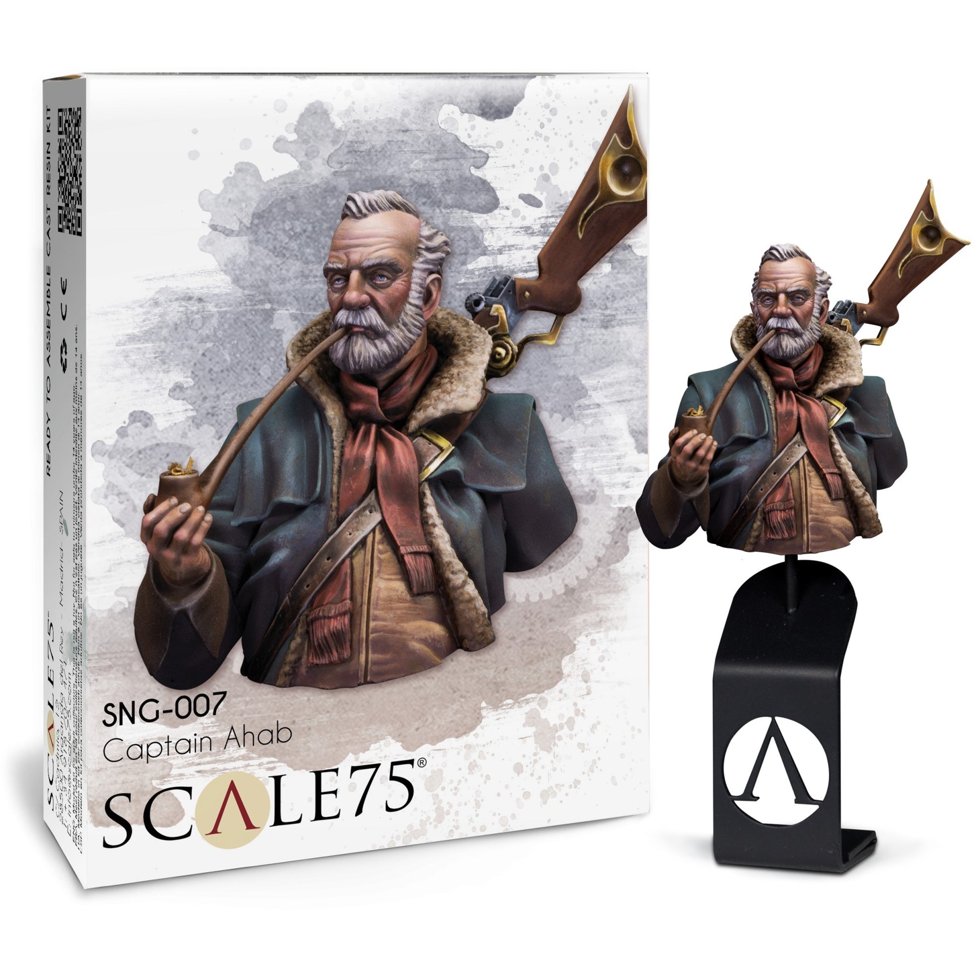 Scale75 Captain Ahab resin bust: grizzled old man with white beard & fur coat, smoking pipe, beside its box.