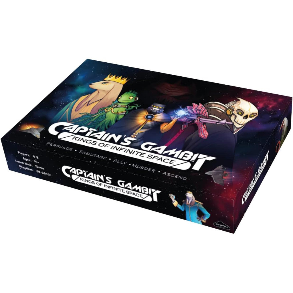 Captain's Gambit: Kings of Infinite Space board game box with sci-fi art featuring alien characters