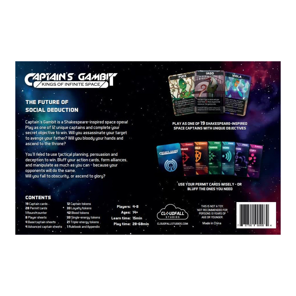Back of "Captain's Gambit" social deduction game box, displaying character cards (Puck, Iago, Viola) and game contents