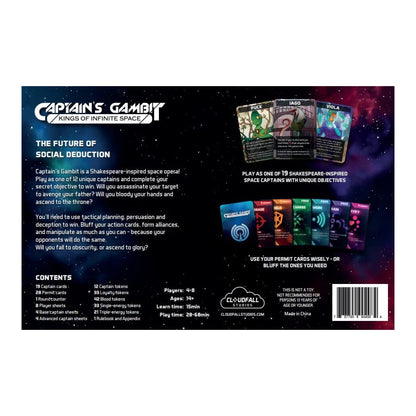 Back of "Captain's Gambit" social deduction game box, displaying character cards (Puck, Iago, Viola) and game contents