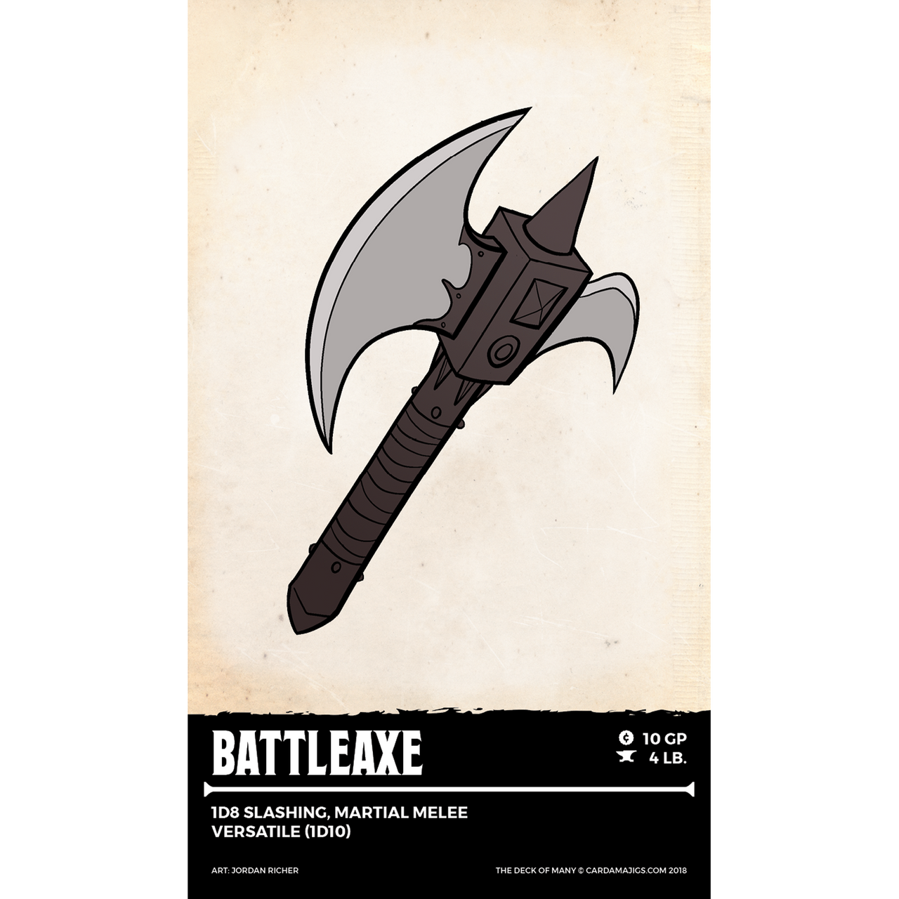 Battleaxe item card with a stylized grey axe showing a curved blade, back hook, and top spike