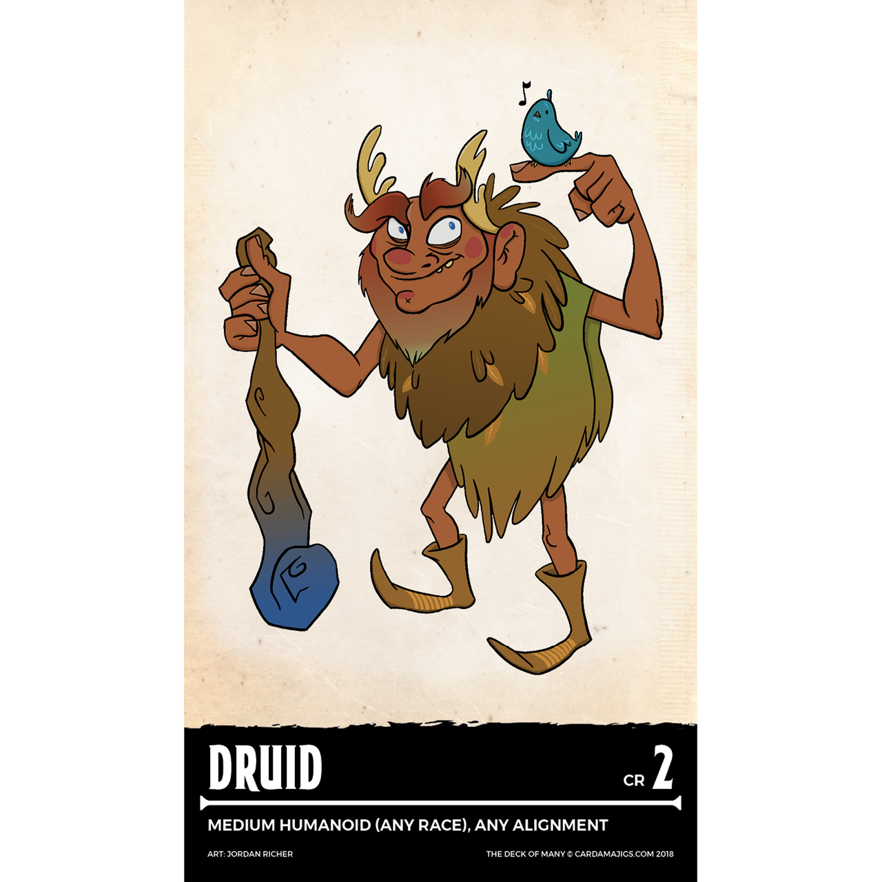 Cartoon druid with antlers, bushy beard, and leafy clothing, he holds a gnarled staff and has a small blue bird singing on his finger