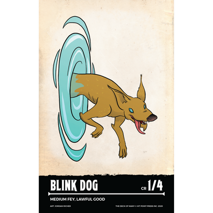 Blink Dog illustration: a brown dog-like fey creature with blue eyes and a pink tongue leaps from a swirling blue portal