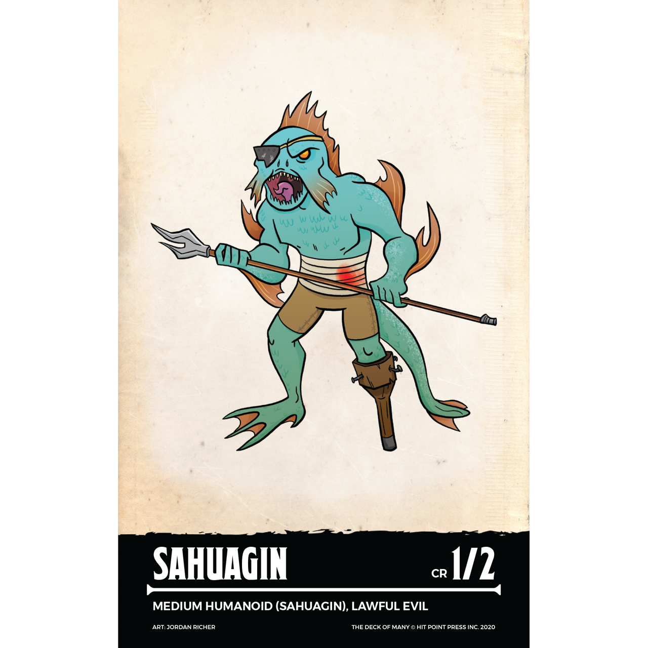 Fierce teal-skinned sahuagin monster with an eyepatch, peg leg, and trident on a creature card