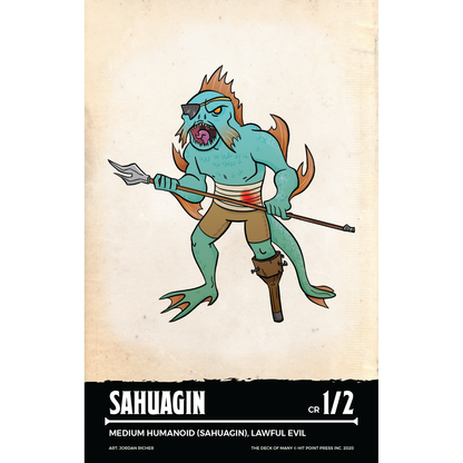 Fierce teal-skinned sahuagin monster with an eyepatch, peg leg, and trident on a creature card