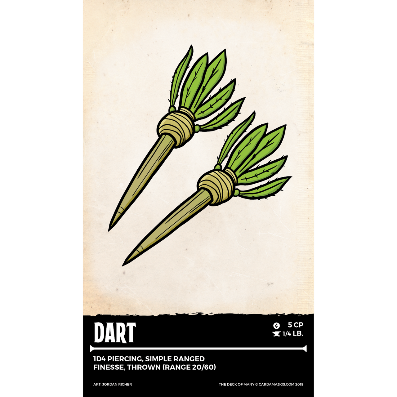 Two stylized darts with green leaf fletching and tan shafts on a textured item card
