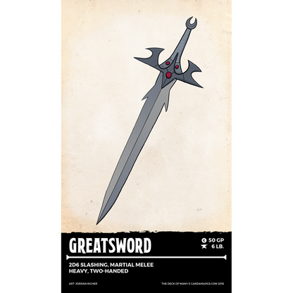Fantasy greatsword with gray blade, spiky dark hilt, and red gems