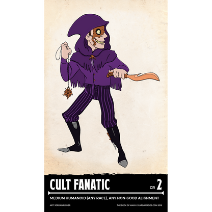 Cult Fanatic RPG card art: Purple-hooded figure with a cracked orange mask, wide creepy smile