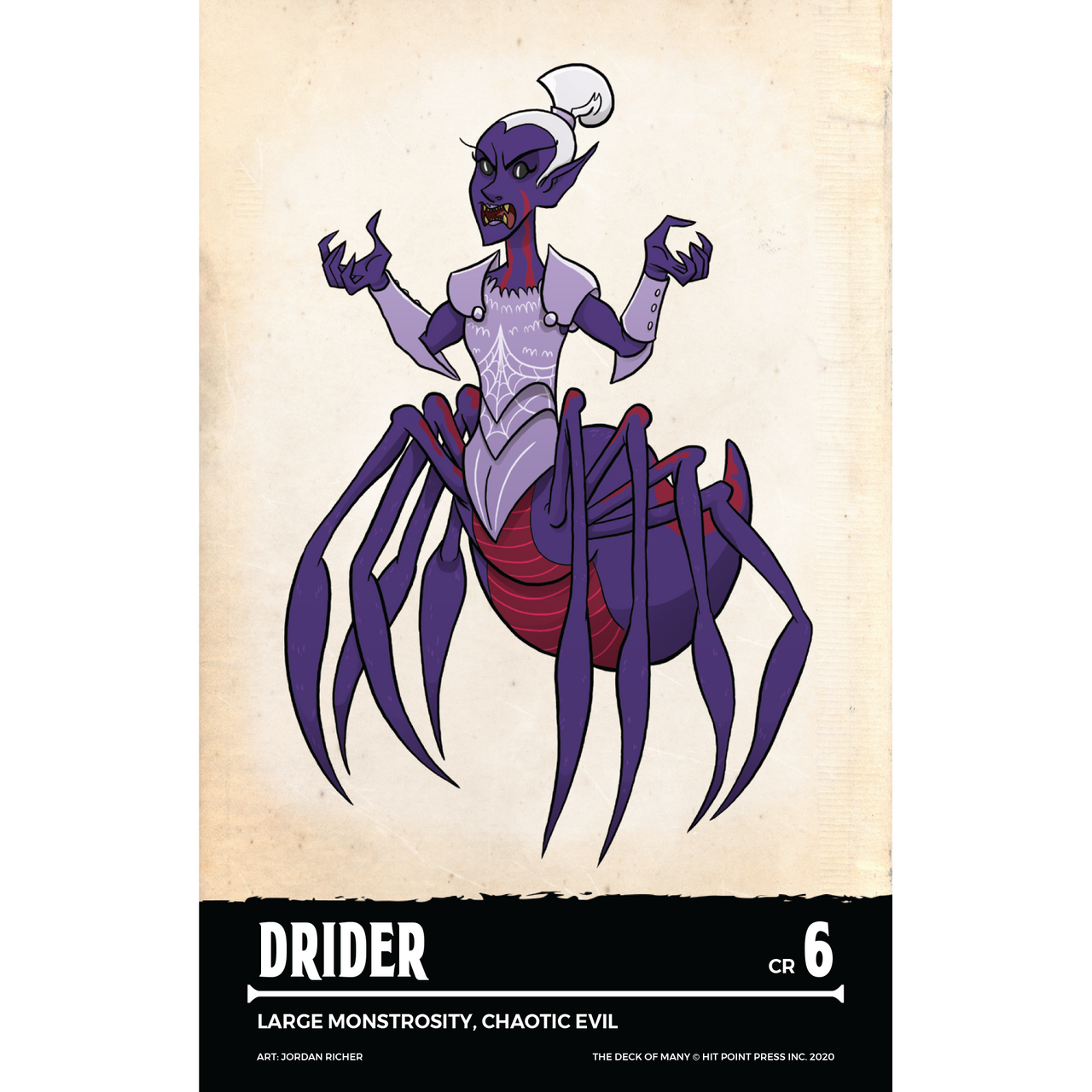 Drider: Purple-skinned drow-spider monster with white hair, fangs, red markings, six dark spider legs, and armor with a web design