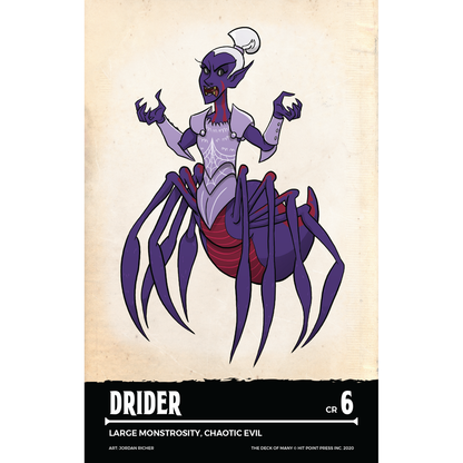 Drider: Purple-skinned drow-spider monster with white hair, fangs, red markings, six dark spider legs, and armor with a web design