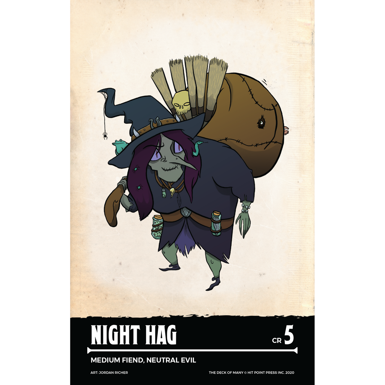 Cartoon Night Hag character: green skin, pointy nose, dark hat with spider & frog