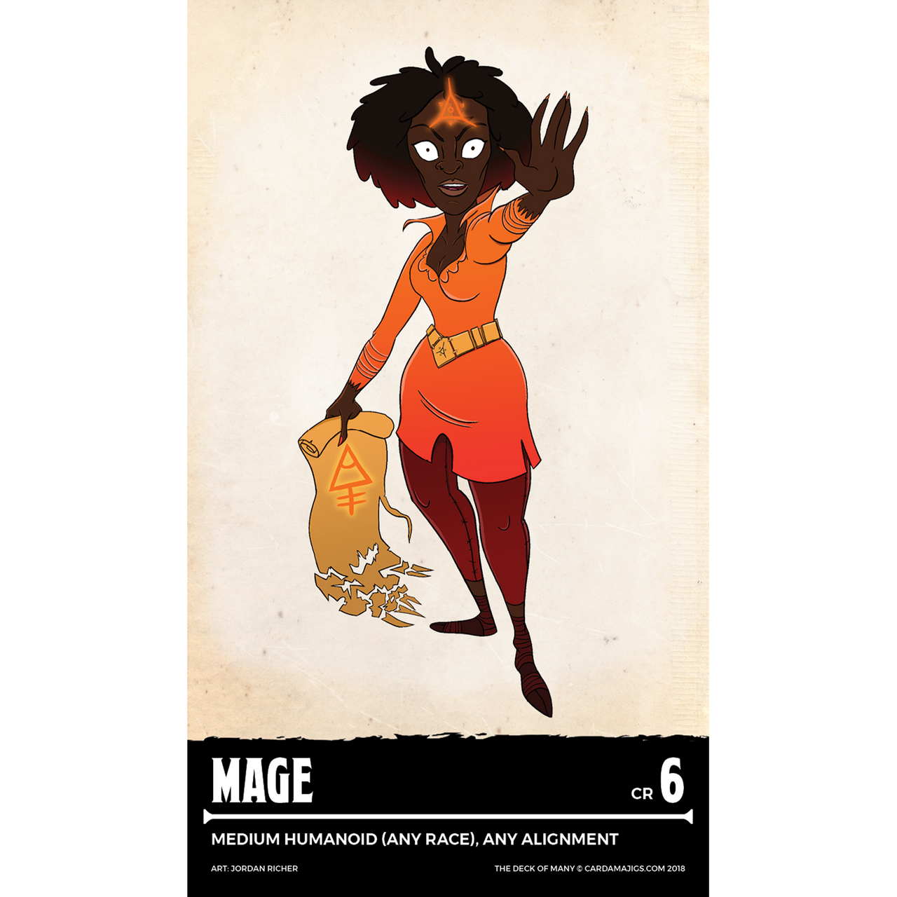 Fantasy game card: A dark-skinned female mage with a glowing forehead symbol and scroll, her right hand raised in a spell-casting gesture