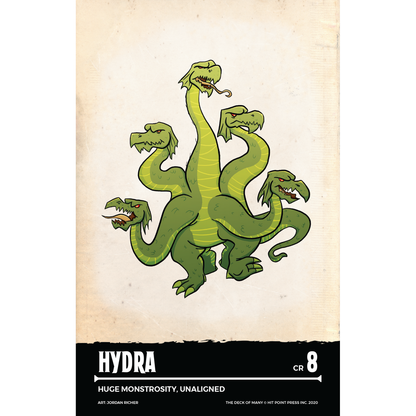 Green five-headed hydra monster with sharp teeth, red eyes, and a scaly body on a distressed game card