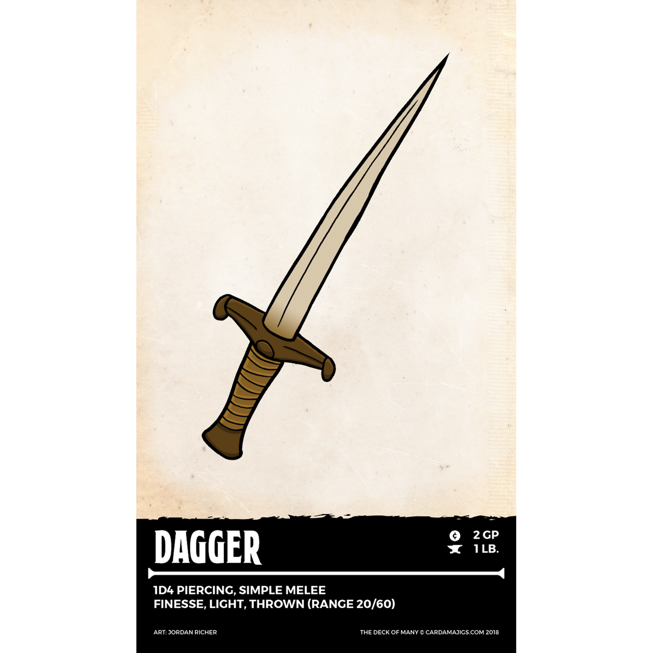 Stylized illustration of a dagger with a light blade and dark hilt, Text: DAGGER, 1D4 Piercing, Simple Melee, Finesse, Light, Thrown (Range 20/60), 2 CP, 1 LB