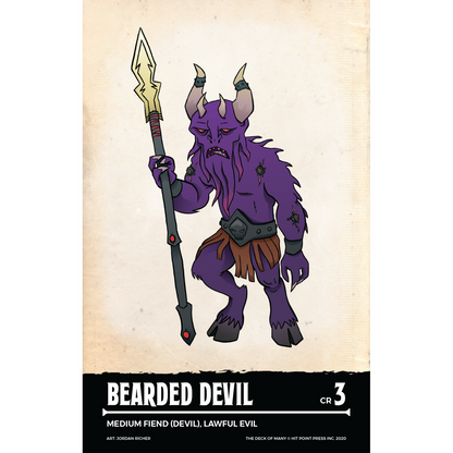 Purple, horned Bearded Devil, tentacled beard, skull belt, holding spear