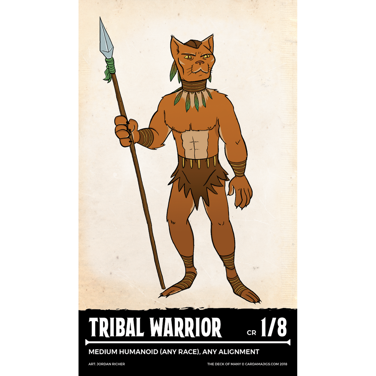 Feline Tribal Warrior character art, muscular brown humanoid with cat head, loincloth, leaf jewelry, holding a spear