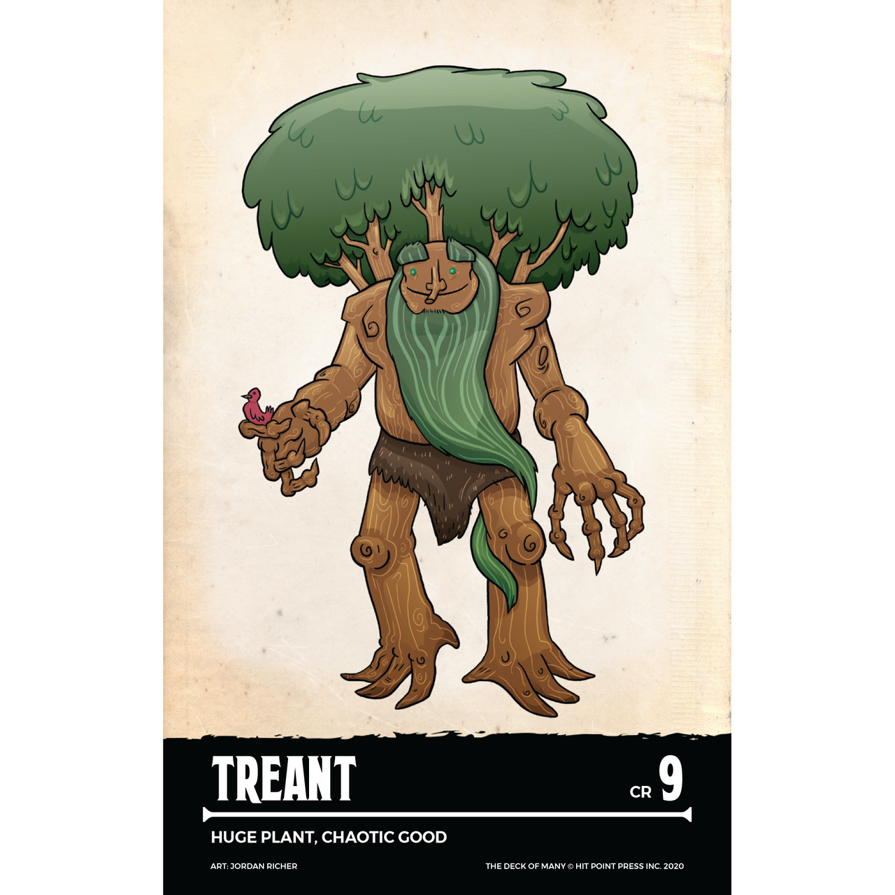 Treant monster card featuring a large, wooden tree creature with a green leafy canopy and beard, holding a pink bird