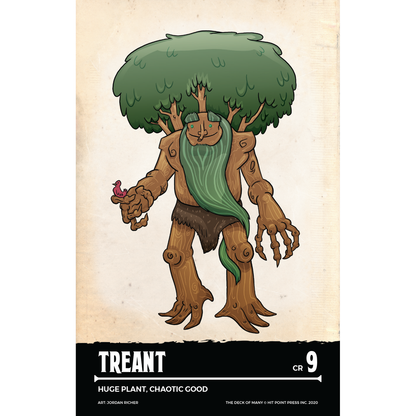 Treant monster card featuring a large, wooden tree creature with a green leafy canopy and beard, holding a pink bird