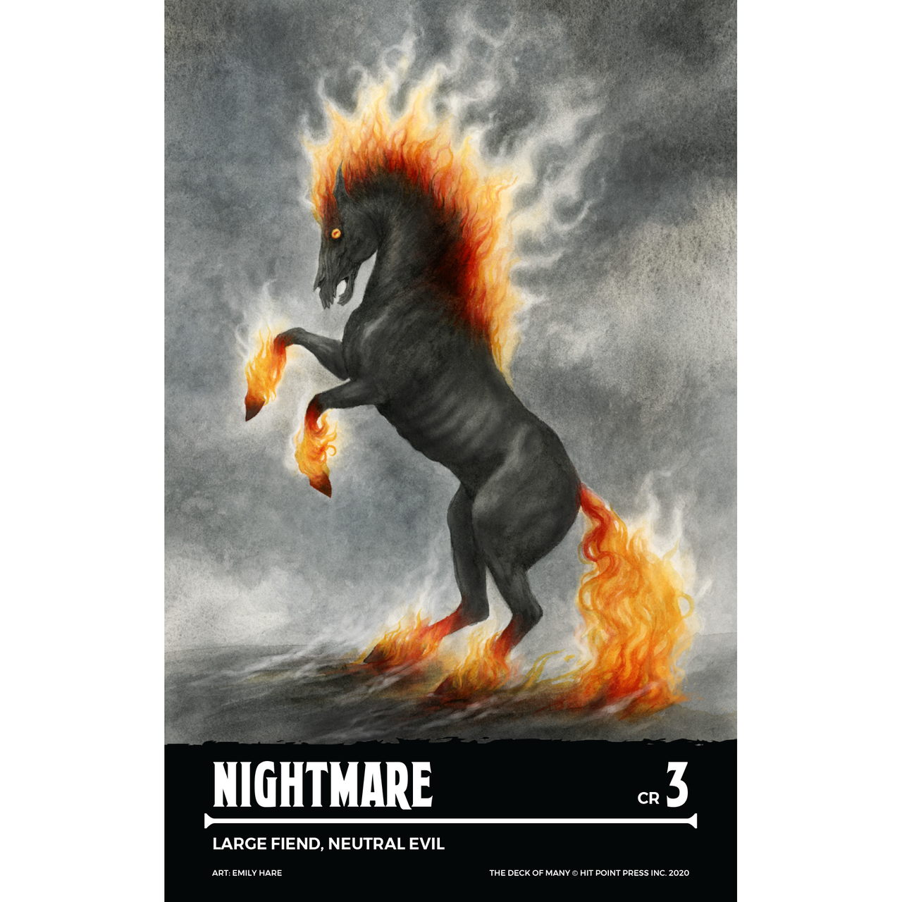 Gaunt dark horse rearing, its mane, tail, and hooves ablaze with orange and red flames