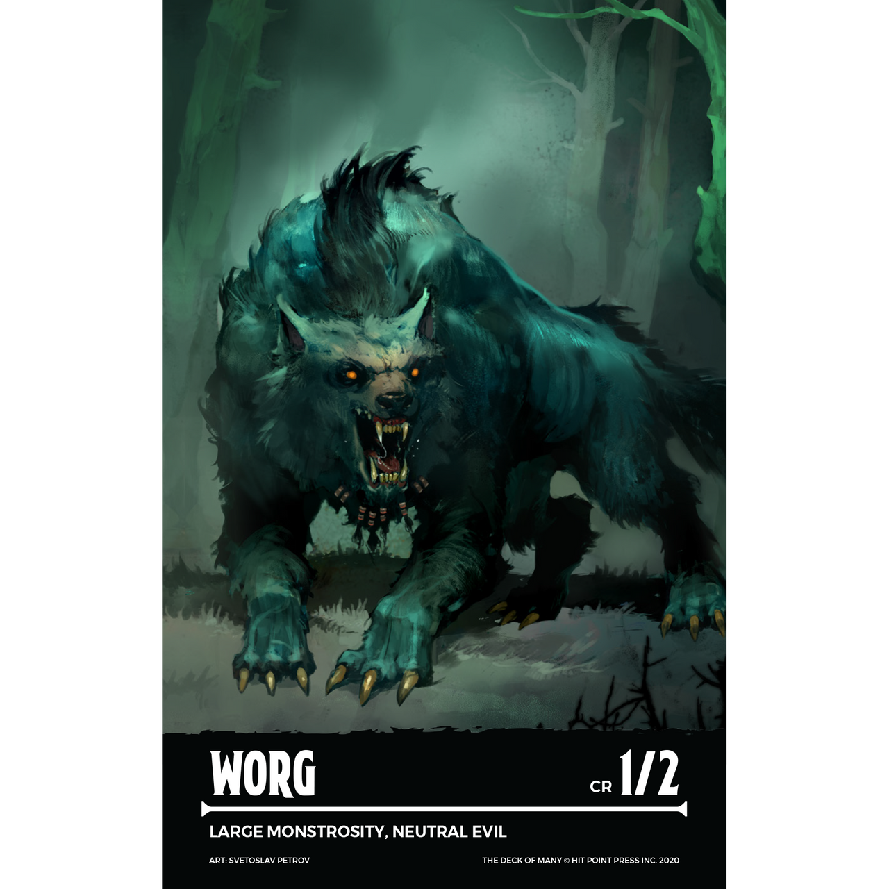Fantasy Worg monster card: A snarling, dark grey-blue wolf-like creature with glowing orange eyes, bared fangs, and sharp claws, standing in a misty, dark forest