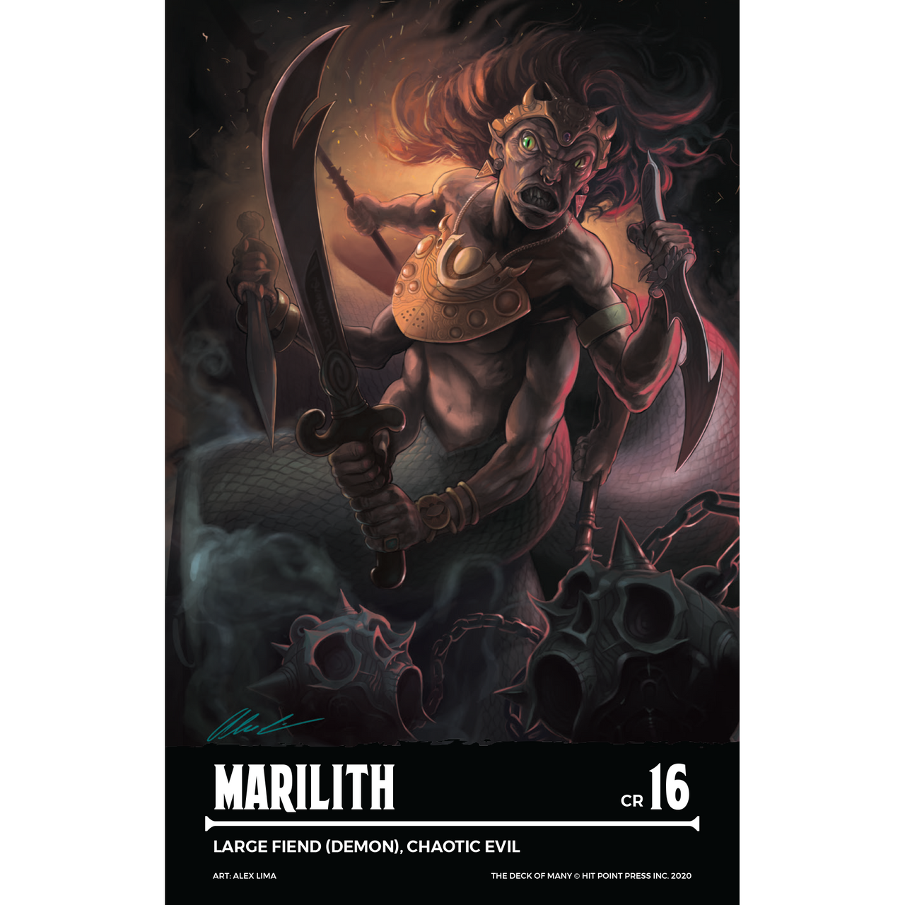 D&D Marilith, a multi-armed female fiend with a snake-like lower body, fierce expression, and wild hair