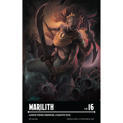 D&D Marilith, a multi-armed female fiend with a snake-like lower body, fierce expression, and wild hair