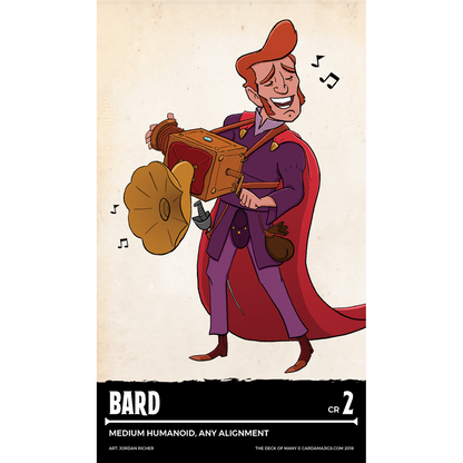 Cartoon fantasy bard with red hair and purple outfit, joyfully playing a steampunk-style horn instrument