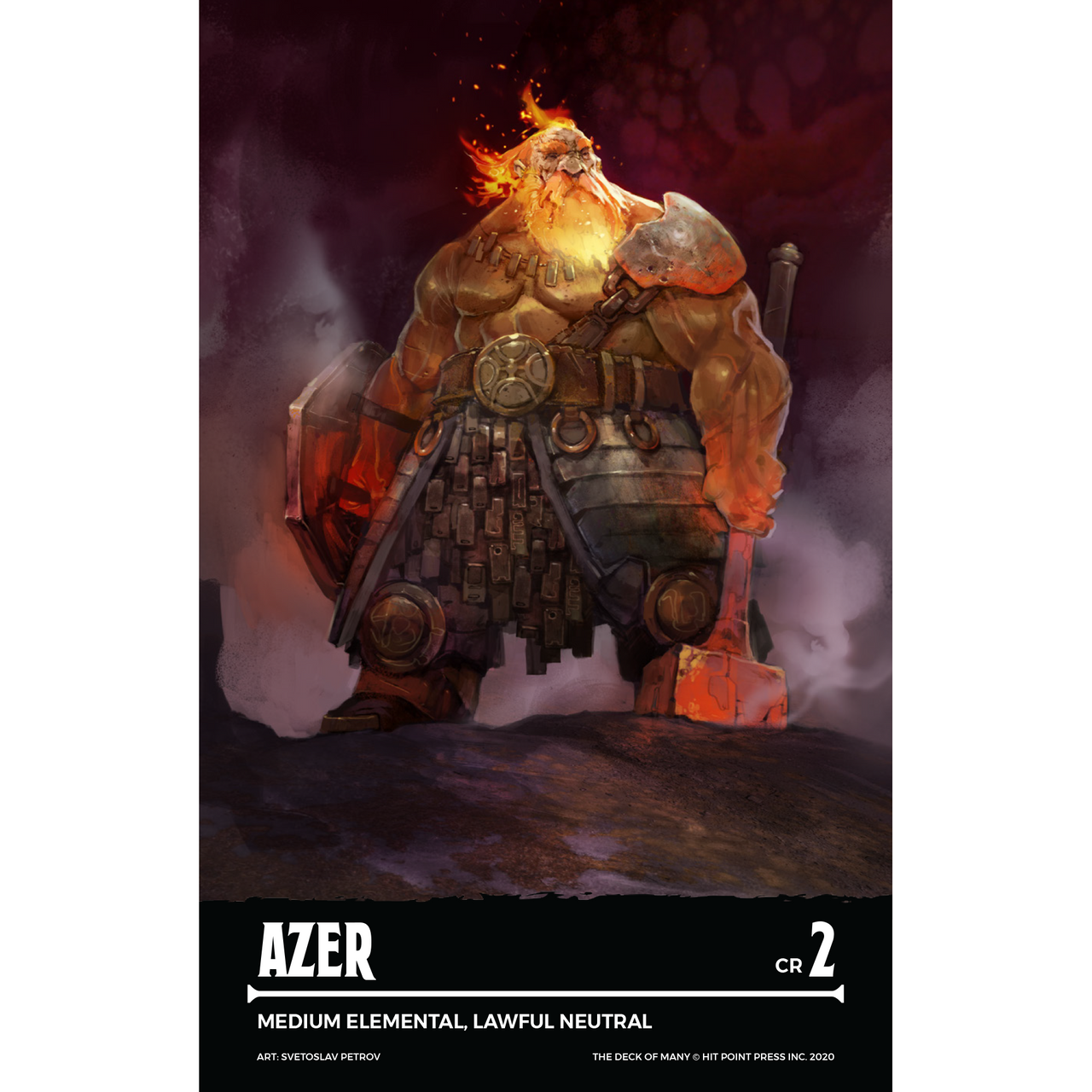 Azer, a muscular, glowing elemental with a fiery beard, wearing armor, holding a hot shield and hammer