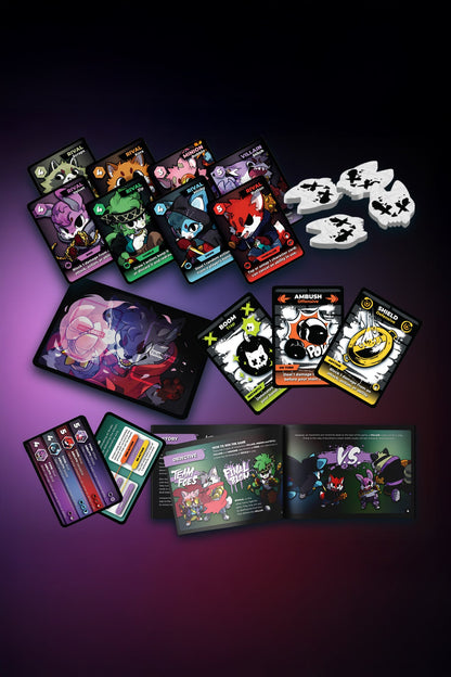 Colorful tabletop Frayed Ally: A Crafty Battle Royale card game components, including anthropomorphic character cards, action cards, tokens, and a rule book, laid out