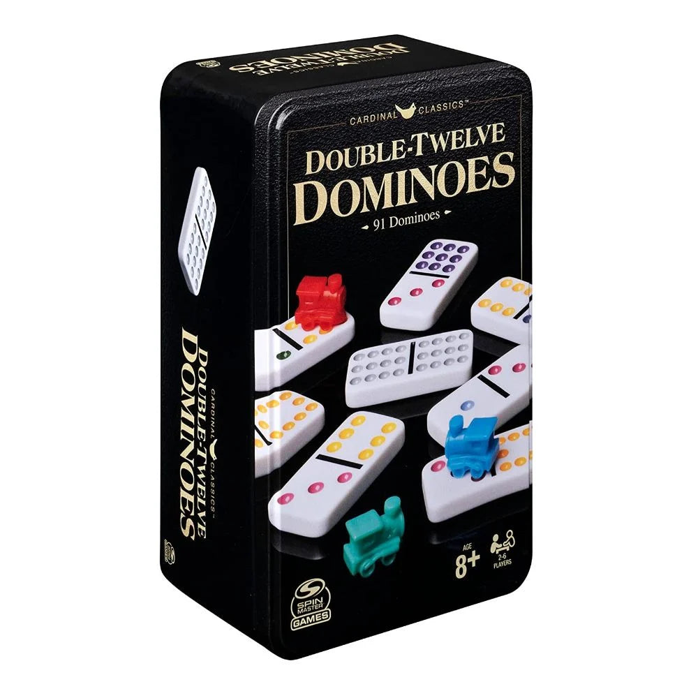 Classic Double 12 Coloured Dominoes with Mexican Train in Tin