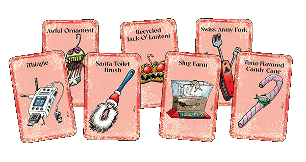 Spread of Bad Christmas game cards displaying quirky illustrations and humorous holiday scenarios