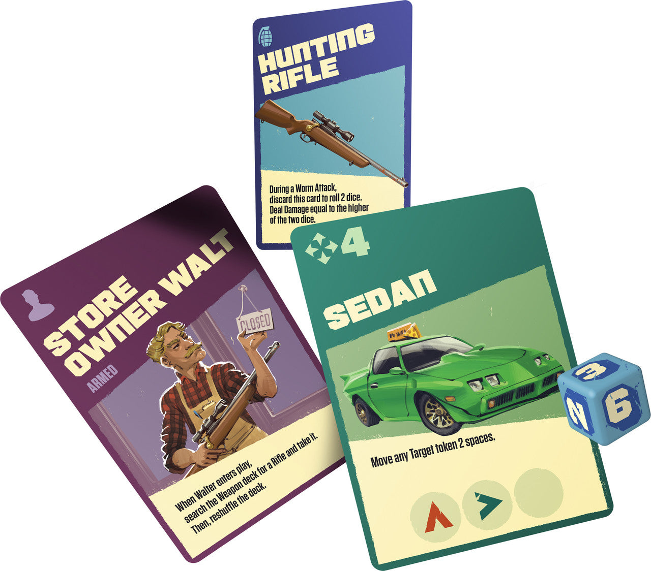 Three game cards and a die, cards feature a hunting rifle, a store owner with a rifle and a green sedan