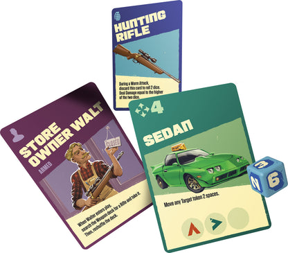 Three game cards and a die, cards feature a hunting rifle, a store owner with a rifle and a green sedan