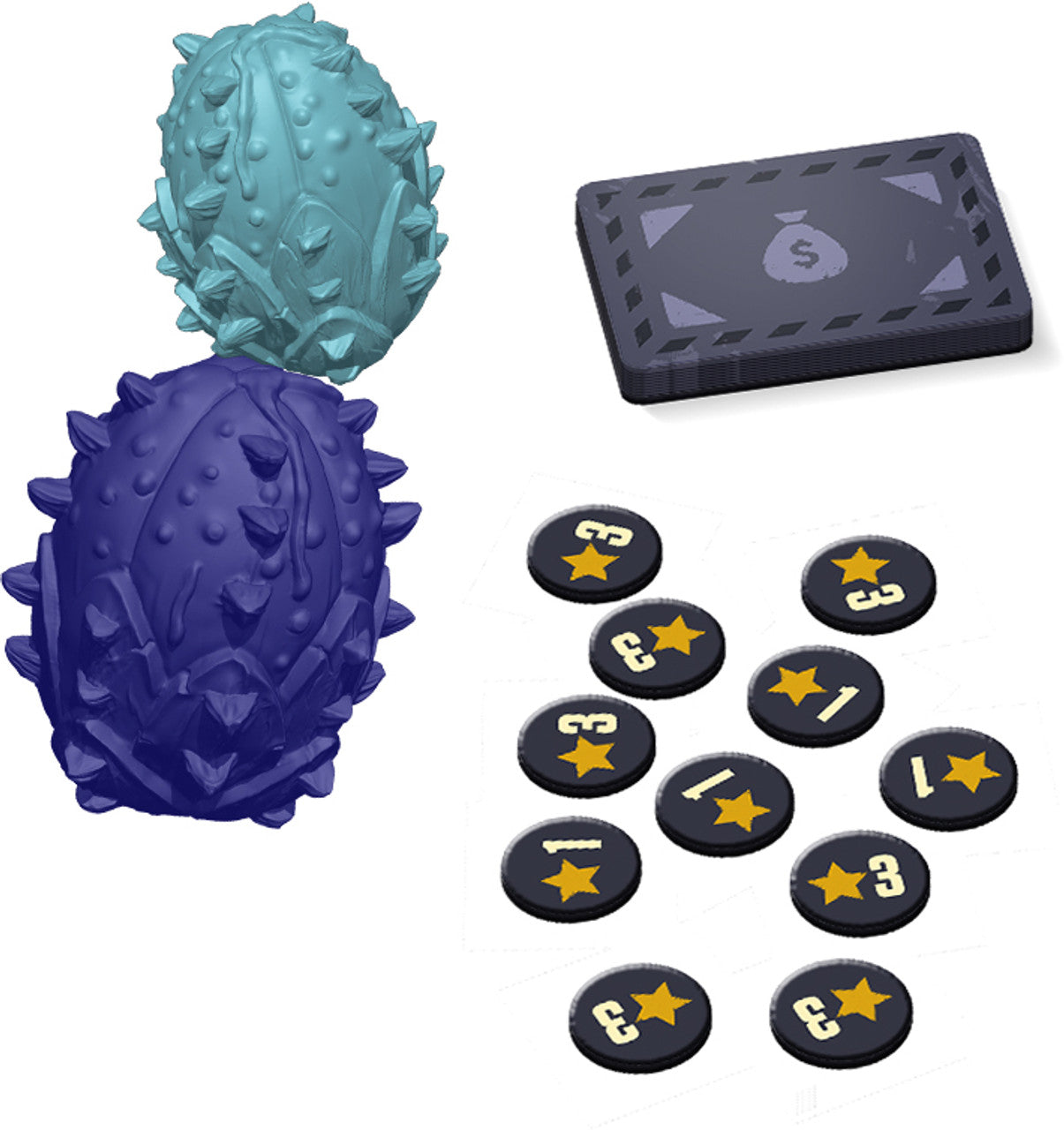Game pieces: two spiky teal and purple eggs, a stack of cards with a money symbol and several star tokens