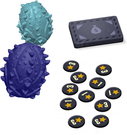 Game pieces: two spiky teal and purple eggs, a stack of cards with a money symbol and several star tokens