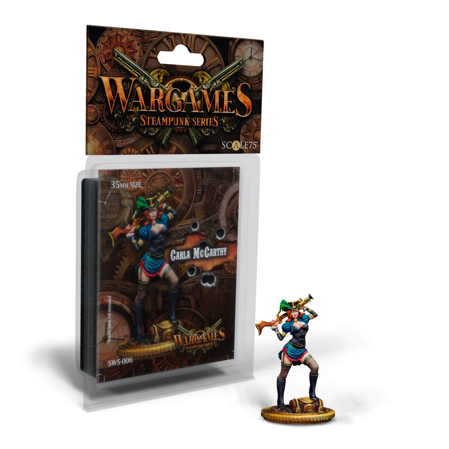A Scale 75 Steampunk Wargames Carla McCarthy 35mm figure is shown in its blister pack and unboxed, a female miniature with a rifle on a gear base