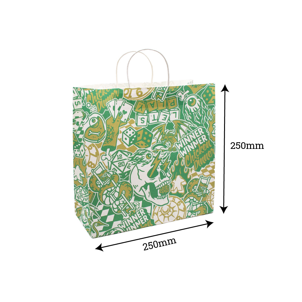 Square green and gold paper shopping bag with gaming-themed pattern, 250x250mm