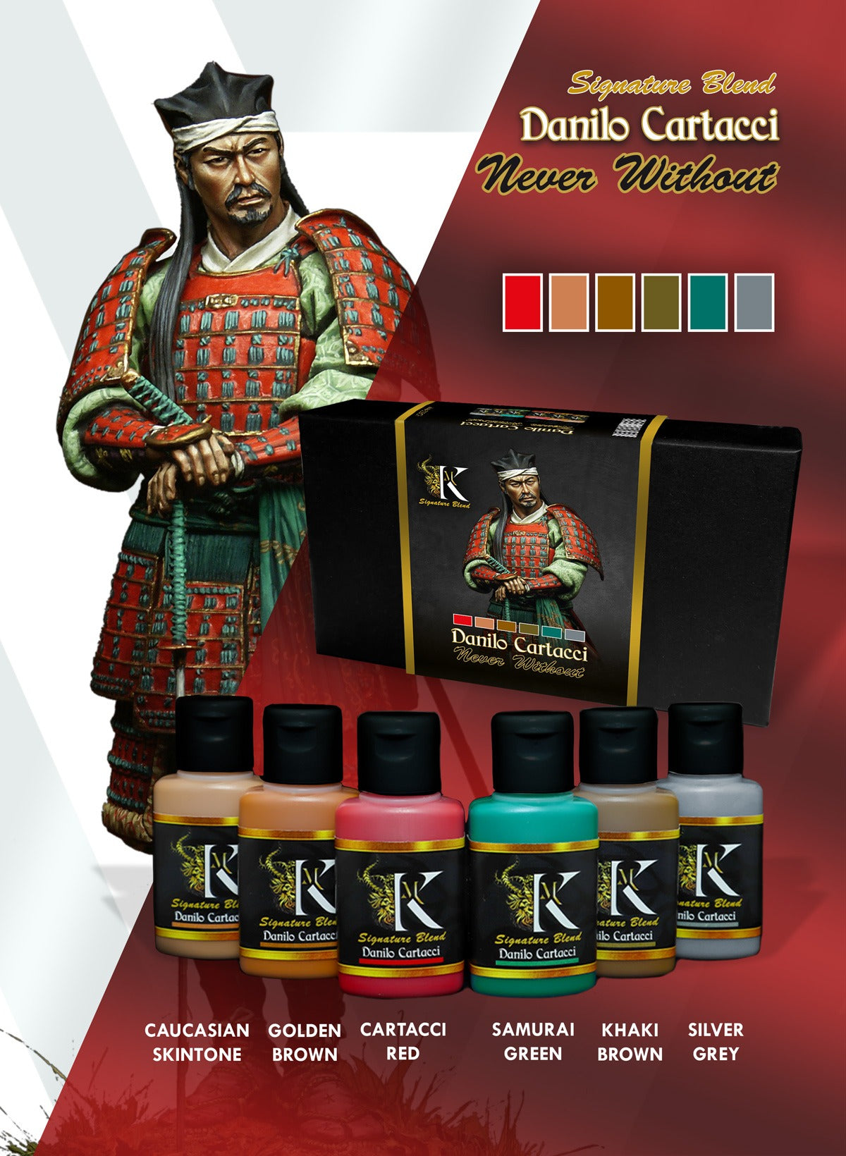 Kimera Kolors  Danilo Cartacci &#39;Never Without&#39; miniature paint set: samurai figure box and 6 bottles 