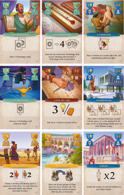 Gameplay cards from "Time of Empires" featuring illustrated actions