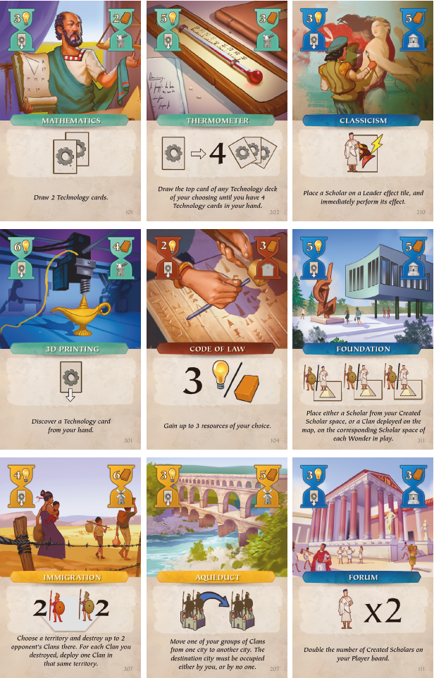 Gameplay cards from &quot;Time of Empires&quot; featuring illustrated actions