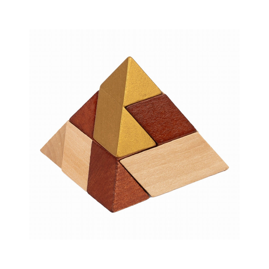 Wooden pyramid puzzle made of interlocking blocks in light, dark, and gold finishes