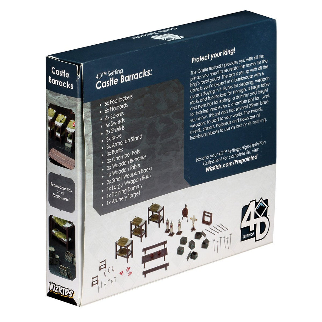 WizKids Castle Barracks box displaying miniature bunks, weapons, and furniture for medieval tabletop gaming