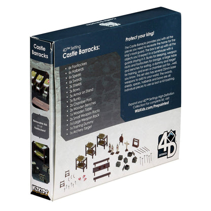 WizKids Castle Barracks box displaying miniature bunks, weapons, and furniture for medieval tabletop gaming
