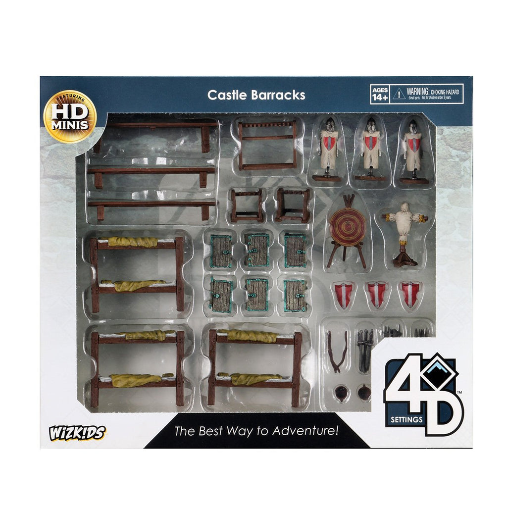 Castle Barracks miniature set featuring bunk beds, soldiers, tables, chests, a target, and training dummy